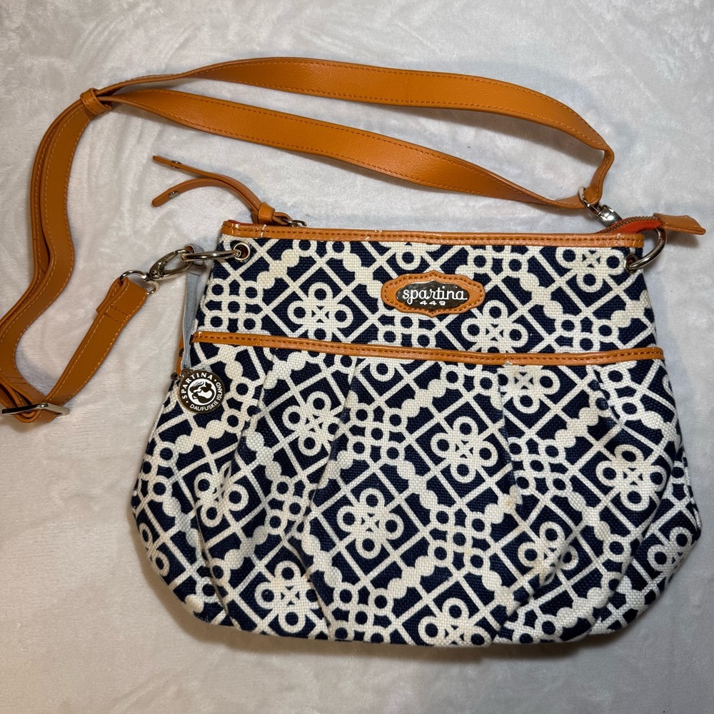 Spartina 449 Navy Canvas Crossbody Bag Tan Leather Trim‎